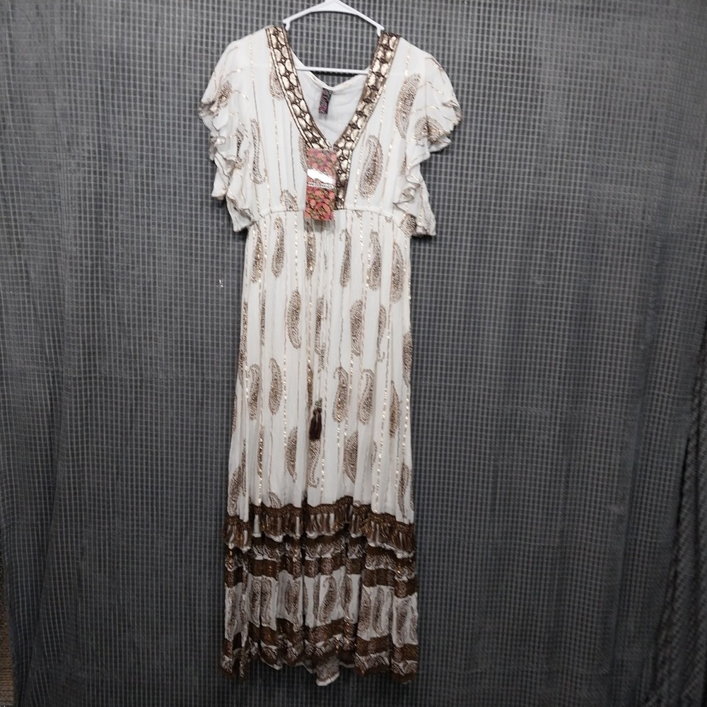 Me 2 Magic Womens Maxi Dress Paisley Sequin Boho Flutter Sleeve XL White Gold